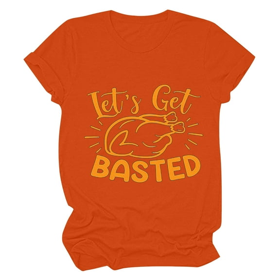 Odeerbi Thanksgiving Shirts For Women 2025 Casual Round Neck Short-sleeved Printed T-shirt Top Orange