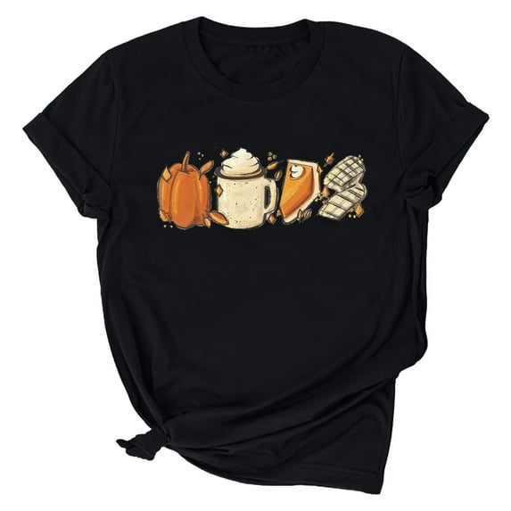 Odeerbi Thanksgiving Shirts For Women 2025 Fashion Summer Round Neck Leisure Short Sleeve Pumpkin Printing Tops Black