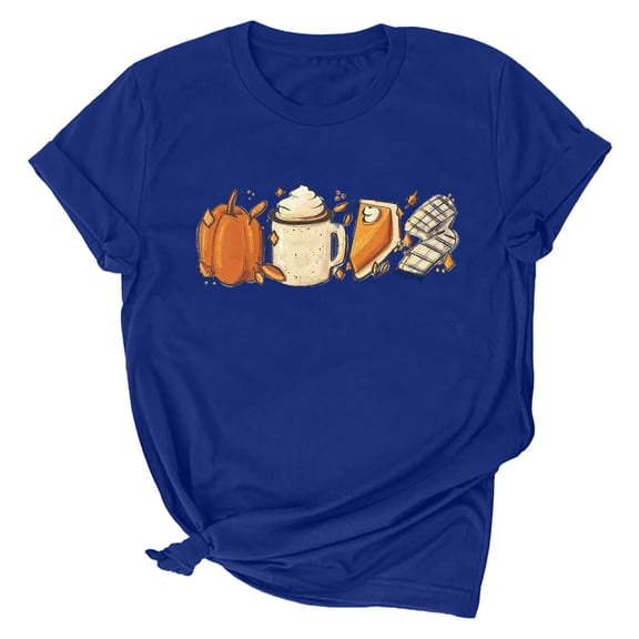 Odeerbi Thanksgiving Shirts For Women 2025 Fashion Summer Round Neck Leisure Short Sleeve Pumpkin Printing Tops Blue