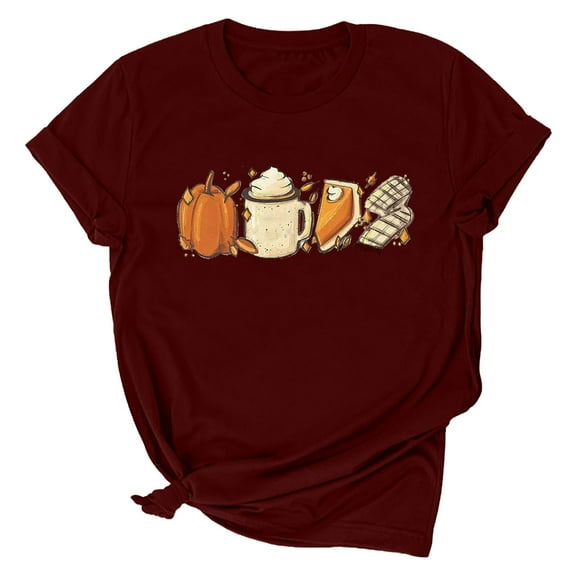 Odeerbi Thanksgiving Shirts For Women 2025 Fashion Summer Round Neck Leisure Short Sleeve Pumpkin Printing Tops Burgundy
