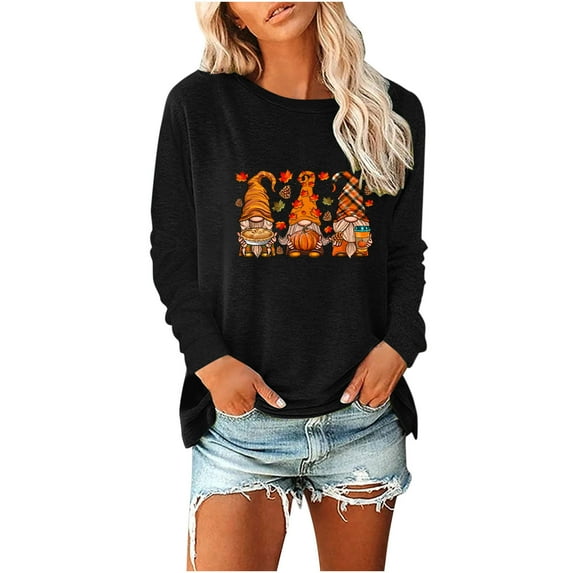 Odeerbi Thanksgiving Shirts For Women Fashion 2025 Casual Long Sleeve Pumpkin Print Sweatshirt Tops Blouse Black
