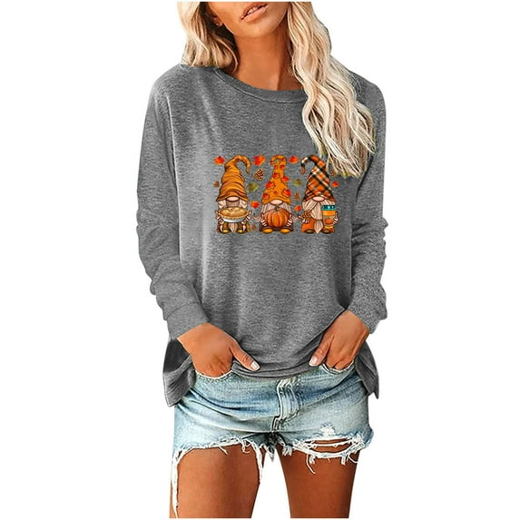 Odeerbi Thanksgiving Shirts For Women Fashion 2025 Casual Long Sleeve Pumpkin Print Sweatshirt Tops Blouse Gray