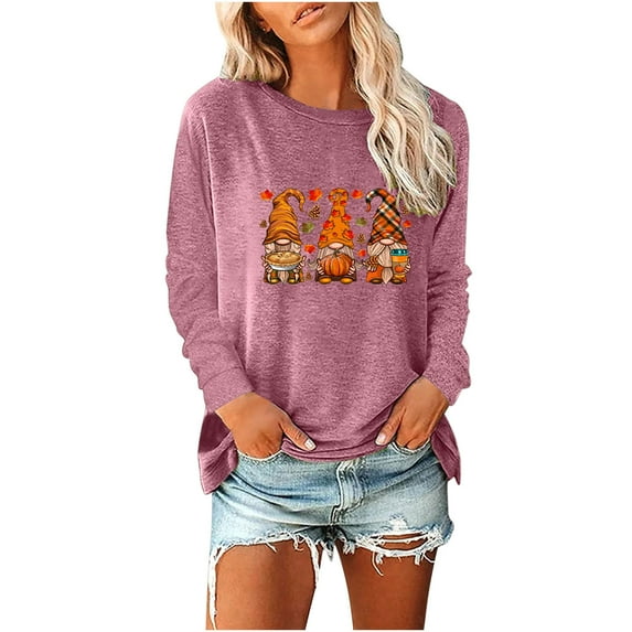 Odeerbi Thanksgiving Shirts For Women Fashion 2025 Casual Long Sleeve Pumpkin Print Sweatshirt Tops Blouse Pink