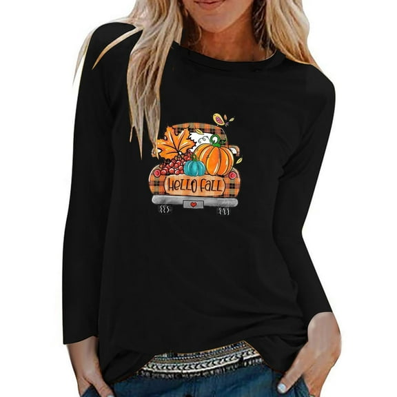 Odeerbi Thanksgiving Shirts For Women Fashion Round Neck Long Sleeve Print 2025 Casual T-shirt Blouse Black