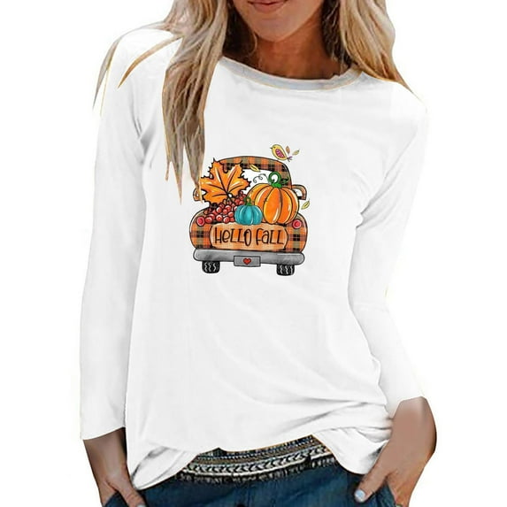 Odeerbi Thanksgiving Shirts For Women Fashion Round Neck Long Sleeve Print 2025 Casual T-shirt Blouse White