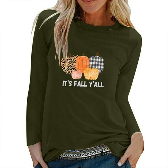 Odeerbi Thanksgiving Shirts For Women Fashion Round Neck Long Sleeve Pumpkin Print 2025 Casual T-shirt Blouse Olive Drab