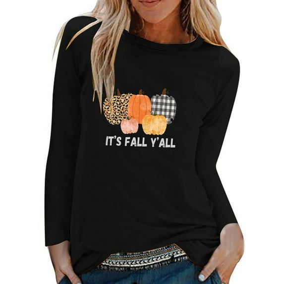 Odeerbi Thanksgiving Shirts For Women Fashion Round Neck Long Sleeve Pumpkin Print 2025 Casual T-shirt Blouse Black