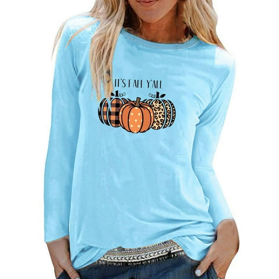 Odeerbi Thanksgiving Shirts For Women Fashion Round Neck Long Sleeve Pumpkin Print 2025 Casual T-shirt Blouse Blue