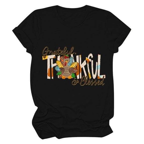 Odeerbi Thanksgiving Shirts for Women 2025 Casual Round Neck Short-sleeved Printed T-shirt Top Orange