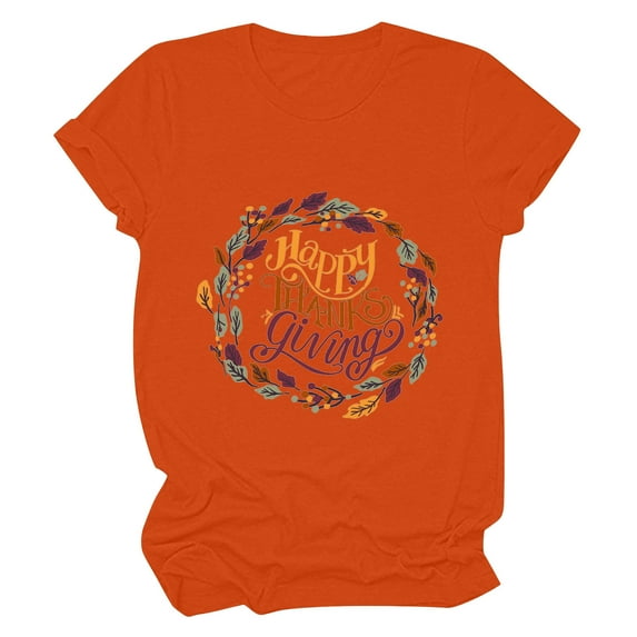 Odeerbi Thanksgiving Shirts for Women 2025 Casual Round Neck Short-sleeved Printed T-shirt Top White