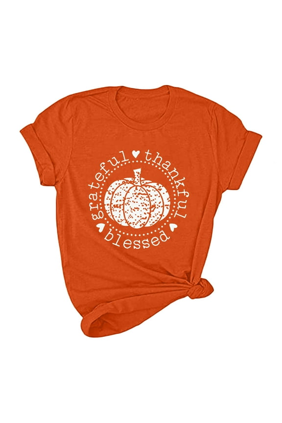 Thanksgiving Shirts for Women 2025 Pumpkin Shirt Plaid Leopard Graphic Tees Funny Cute Short Sleeve Fall Shirt Gift Tops Orange
