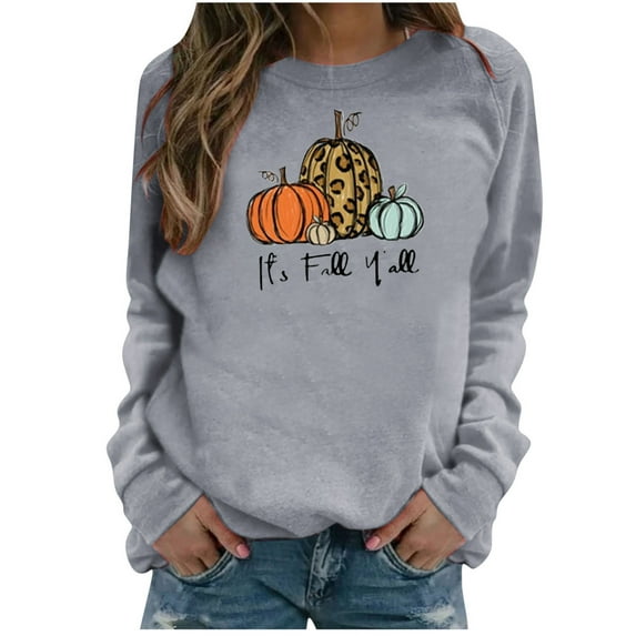 Odeerbi Thanksgiving Sweatshirts For Women Fashion Casual Long Sleeve Printed Ladies Tops Gray