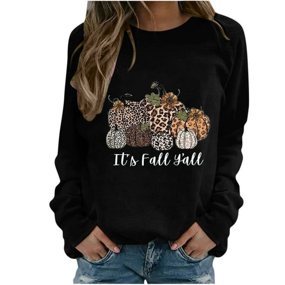 Odeerbi Thanksgiving Sweatshirts For Women Fashion 2025 Casual Long Sleeve Round Neck Printed Ladies Hoodless Tops Black