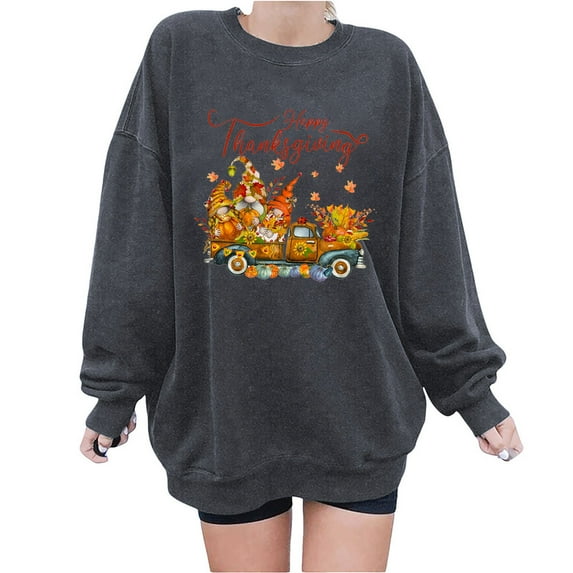 Odeerbi Thanksgiving Sweatshirts for Women Trendy Printed Loose Long Sleeve Blouse Round Neck 2025 Casual Pullover Tops Sweatershirt Dark Gray