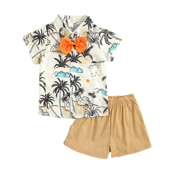 Odeerbi Toddler Boys 2 Piece Hawaiian Outfits Cotton Beach Tropical Print Shirts Short Sets Summer Clothes Beach Style Coconuts Tree Print Short Sleeve Tie Shirt Set 1-5 Years White