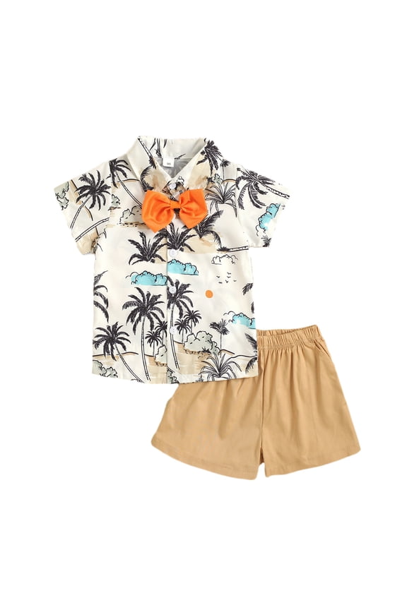 Toddler Boys 2 Piece Hawaiian Outfits Cotton Beach Tropical Print Shirts Short Sets Summer Clothes Beach Style Coconuts Tree Print Short Sleeve Tie Shirt Set 1-5 Years White