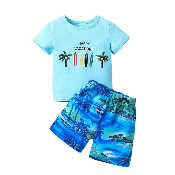 Odeerbi Toddler Boys 2 Piece Hawaiian Outfits Summer Clothes Cotton Beach Tropical Print Shirts and Short Sets Baby Beach Round Neck Short Sleeve Shorts Set Light Blue