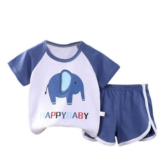 Odeerbi Toddler Boys 2 Piece Outfits Cartoon Cotton T-shirt Shorts Set Summer Clothes Baby Cute Printed Round Neck Short Sleeve Shorts Set Dark Blue
