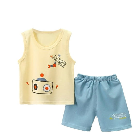 Odeerbi Toddler Boys 2 Piece Outfits Cartoon Cotton Tank Tops Shorts Set Summer Clothes Baby Cute Printed Round Neck Tank Shorts Suit Blue-1