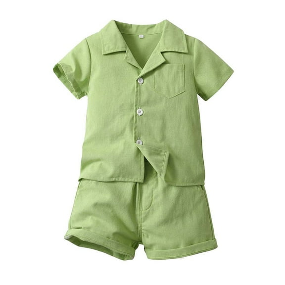 Odeerbi Toddler Boys 2 Piece Outfits Cotton Notched Lapel Shirt Shorts Set Summer Clothes Lapel Casual Short Sleeve Shirt Elasticized Shorts Two-piece Set Mint Green