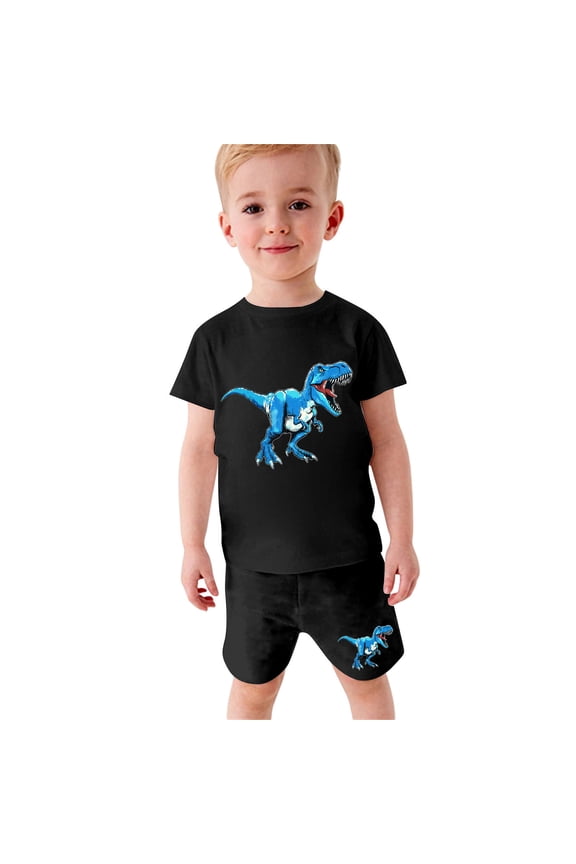 Toddler Boys 2 Piece Outfits Dinosaur T-shirt Shorts Set Summer Clothes Kids Baby Casual Dinosaur Print Short Sleeve Shorts Clothes Set With Pockets Blue