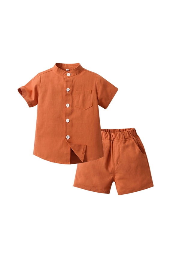 Toddler Boys 2 Piece Outfits Shirt Shorts Set Summer Clothes New Fashion Casual Solid Color Children's Stand-up Collar Short Sleeve Shirt Shorts set Orange