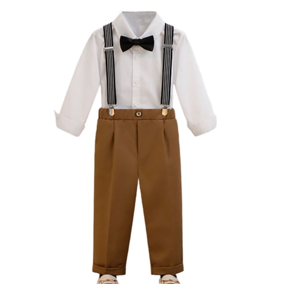 Odeerbi Toddler Boys 3 PCS Gentleman Formal Suit Dress Shirt + Suspender Suit Pants + Bow Tie Wedding Outfits Set