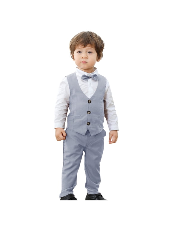 Toddler Boys 4 PCS Gentleman Formal Suit Dress Shirt + Suit Pants + Waistcoat + Bow Tie Wedding Outfits Set