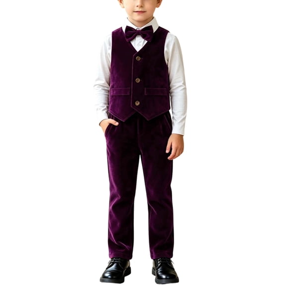 Odeerbi Toddler Boys 4-Piece Formal Suit Set Velvet Waistcoat, Long Sleeve Shirt with Bow Tie, Dress Pants Party Wedding Outfit