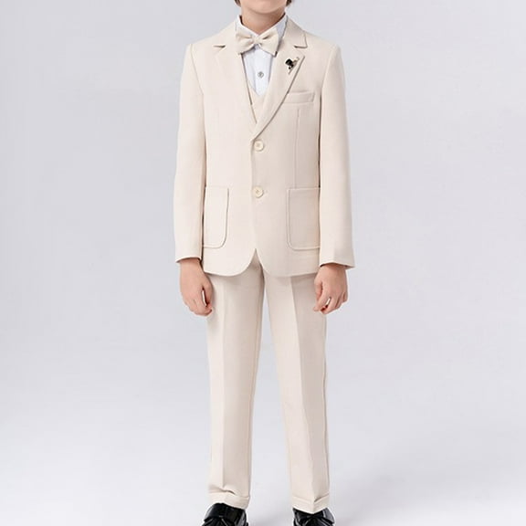 Odeerbi Toddler Boys Clothes Gentleman Formal Dress Suit Children's Solid Color Long Sleeve Blazer Jacket   Waistcoat   Dress Shirt   Suit Pants   Tie   Brooch 6-piece Set Beige