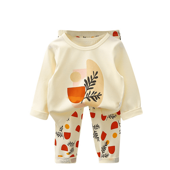 Odeerbi Toddler Boys Cotton Clothes Spring Fall Outfits Set Summer Pajamas Cartoon Printed Two Piece Set Sleepwear Newborn Underwear Set Beige