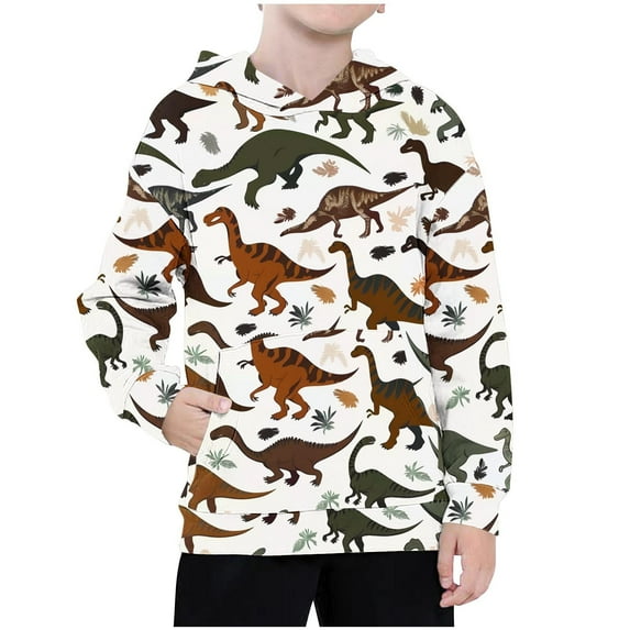 Odeerbi Toddler Boys Dinosaur Hoodies Cartoon Print Hooded Sweatshirts Children's Long Sleeve Pattern T-shirt Printed Round Neck Shirt Hooded Sweatshirt Brown