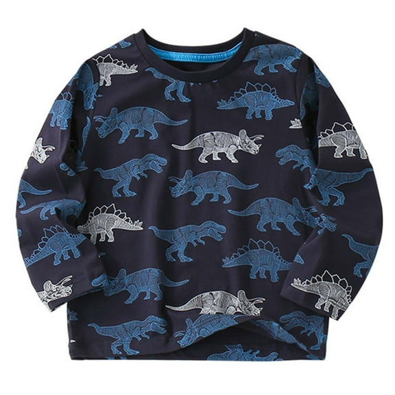 Odeerbi Toddler Boys Dinosaur Long Sleeve T-Shirts Fall Winter Cotton Base Tops Small Medium Children European American Style Clothing Dinosaur Tops Dark Blue