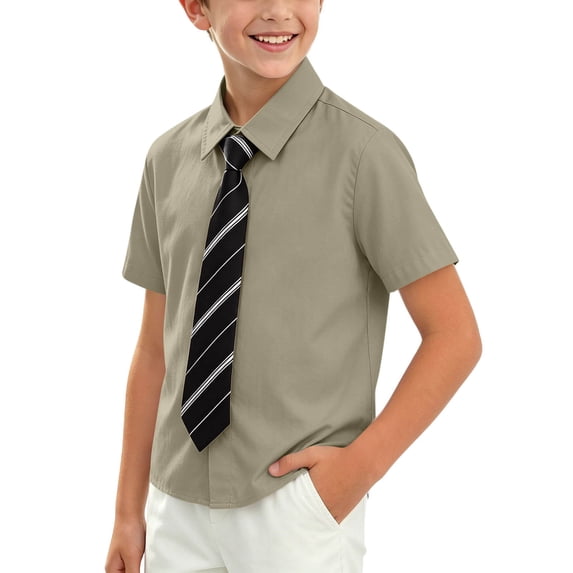 Odeerbi Toddler Boys Dress Shirt with Striped Tie Short Sleeve School Uniform Shirts