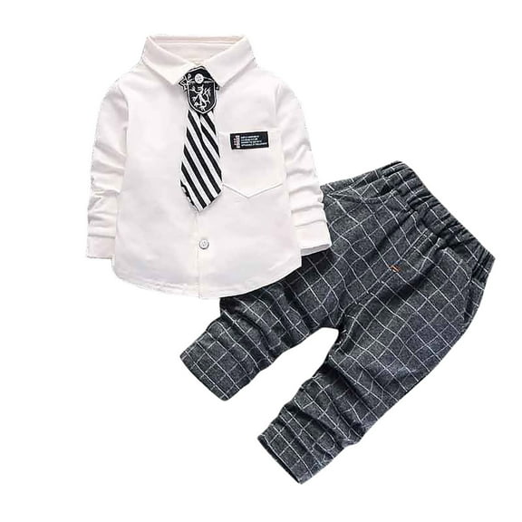 Odeerbi Toddler Boys Fall Outfits Uniform Dress Shirt Plaid Suit Pants Set Fashion Long Sleeve Shirts Long Pants Ties Three Piece Set Children Clothing White