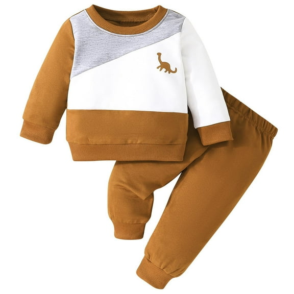 Odeerbi Toddler Boys Fall Winter Outfits Dinosaur Sweatsuits Color Block Cotton Tracksuit Printed Loose Long Sleeve Sweatshirt Sweatpants Set Toddler Clothes Khaki