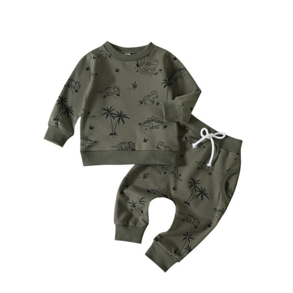 Odeerbi Toddler Boys Fall Winter Outfits Dinosaur Sweatsuits Cotton Tracksuit Fashion Casual Printed Loose Long Sleeve Sweatshirt Sweatpants Set Toddler Clothes Green