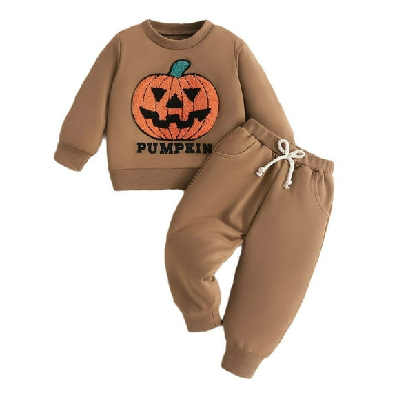 Odeerbi Toddler Boys Fall Winter Outfits Halloween Pumpkin Sweatsuits Cute Tracksuit Children's Spring Embroidery Sweatshirt Sweatpants Two-piece Suit Toddler Clothes Brown