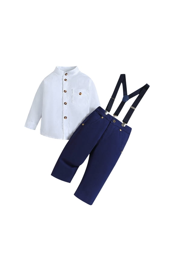 Toddler Boys Gentleman Formal Dress Suit 2-6 Years Children's Clothing Dress Suit White Shirt Suspenders Trousers Two-Piece Set Dark Blue