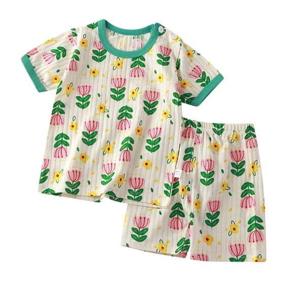 Odeerbi Toddler Boys Girls 2 Piece Outfits Cartoon Cotton T-shirt Shorts Set Summer Clothes Children's Short Sleeve T-Shirt Two-Piece Set Mint Green