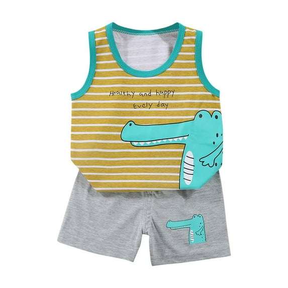 Odeerbi Toddler Boys Girls 2 Piece Outfits Cartoon Cotton Tank Tops Shorts Set Summer Clothes Fashion Casual Short Sleeve Round Neck Collar Botton Printed Blouse Short Pants Sets Gray
