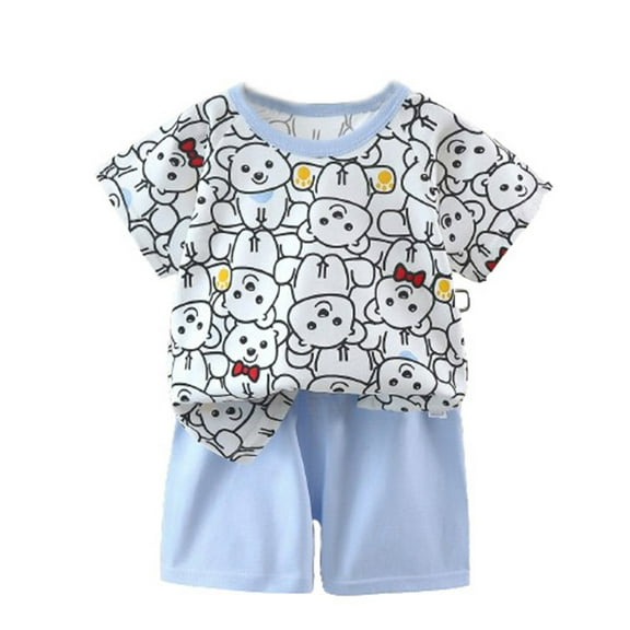 Odeerbi Toddler Boys Girls 2 Piece Outfits Cotton T-shirt Shorts Set Summer Clothes Baby Cute Printed Round Neck Short Sleeve + Shorts Set Sky Blue