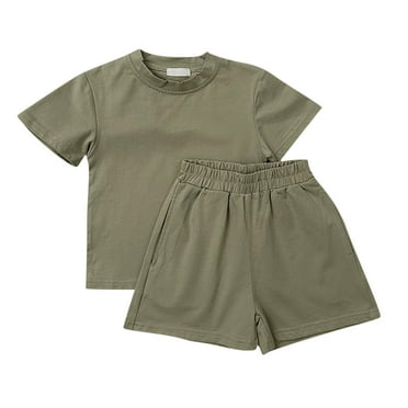 Odeerbi Toddler Boys Girls 2 Piece Outfits Cotton T-shirt Shorts Set Summer Clothes Children Solid Color Loose Short Sleeve Round Neck Tops Shorts with Pockets Sets Green