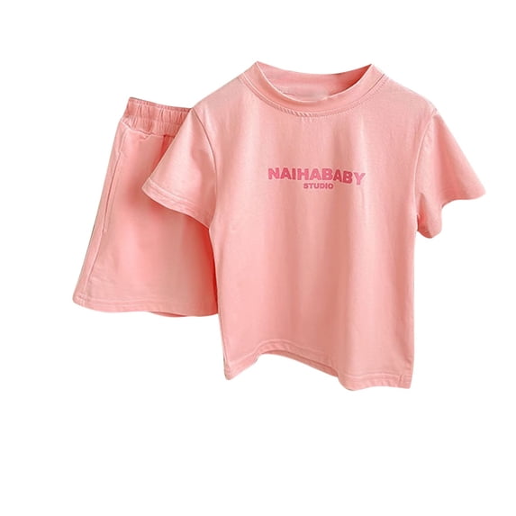 Odeerbi Toddler Boys Girls 2 Piece Outfits Summer Clothes Cotton Shorts Set Children Print Short Sleeve Round Neck Blouses T-shirt Loose Shorts with Pockets Sets Pink
