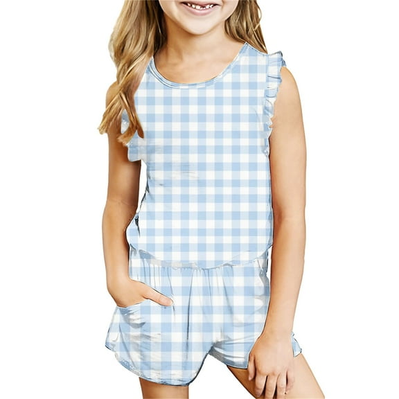 Odeerbi Toddler Boys Girls 2 Piece Outfits Summer Clothes Plaid Tank Tops Shorts Set Fashion Casual Sleeveless Blouse Round Neck Collar Printed Short Pants Sets Light Blue