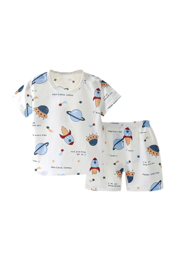 Toddler Boys Girls 2 Piece Pajamas Set Kids Cartoon Printed Short Sleeve Cotton Sleepwear Blue