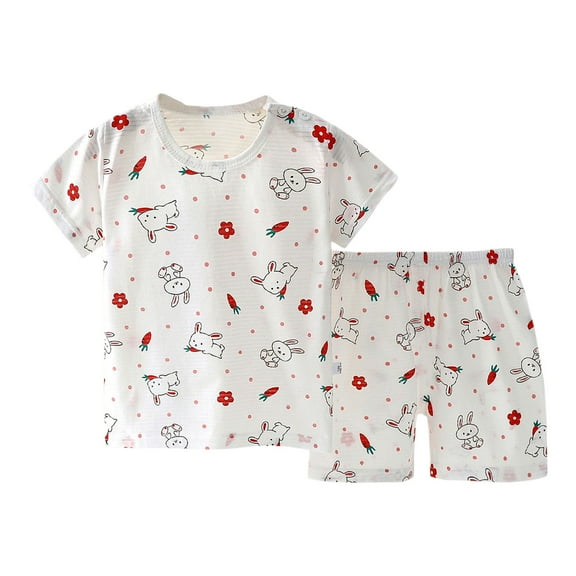 Odeerbi Toddler Boys Girls 2 Piece Pajamas Set Kids Cartoon Printed Short Sleeve Cotton Sleepwear White