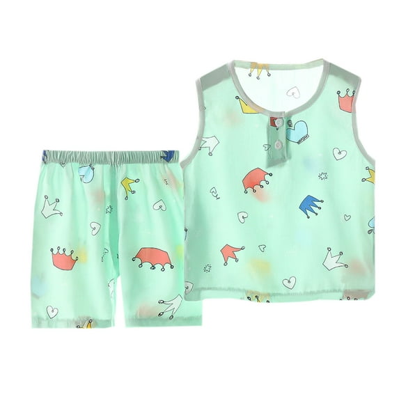 Odeerbi Toddler Boys Girls 2 Piece Pajamas Set Cartoon Tank Tops Sleepwear Summer Children's Cotton Silk Sleeveless Conditioned Home Clothing Shorts Set Green