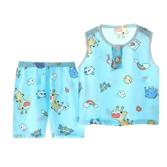 Odeerbi Toddler Boys Girls 2 Piece Pajamas Set Cartoon Tank Tops Sleepwear Summer Children's Cotton Silk Sleeveless Conditioned Home Clothing Shorts Set Sky Blue