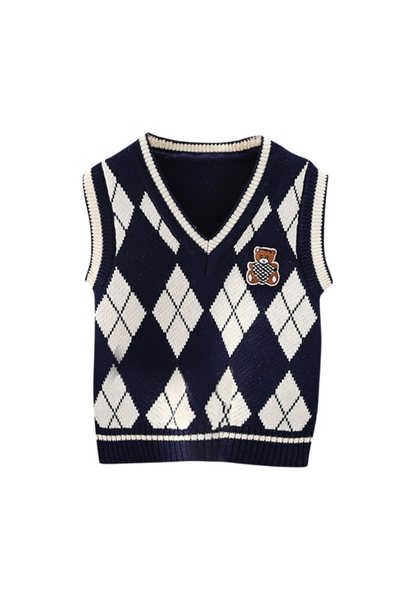 Toddler Boys Girls Argyle Sweater Vest Fall Winter Thermal Sleeveless Sweater Knitted Waistcoat Warm Knitted Sweater V-neck Sweater Toddler Clothes Navy